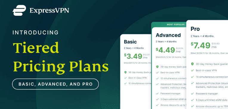ExpressVPN iOS client v12.23.0 highlighting server map view; tiered plans announced 2 Sept 2025.