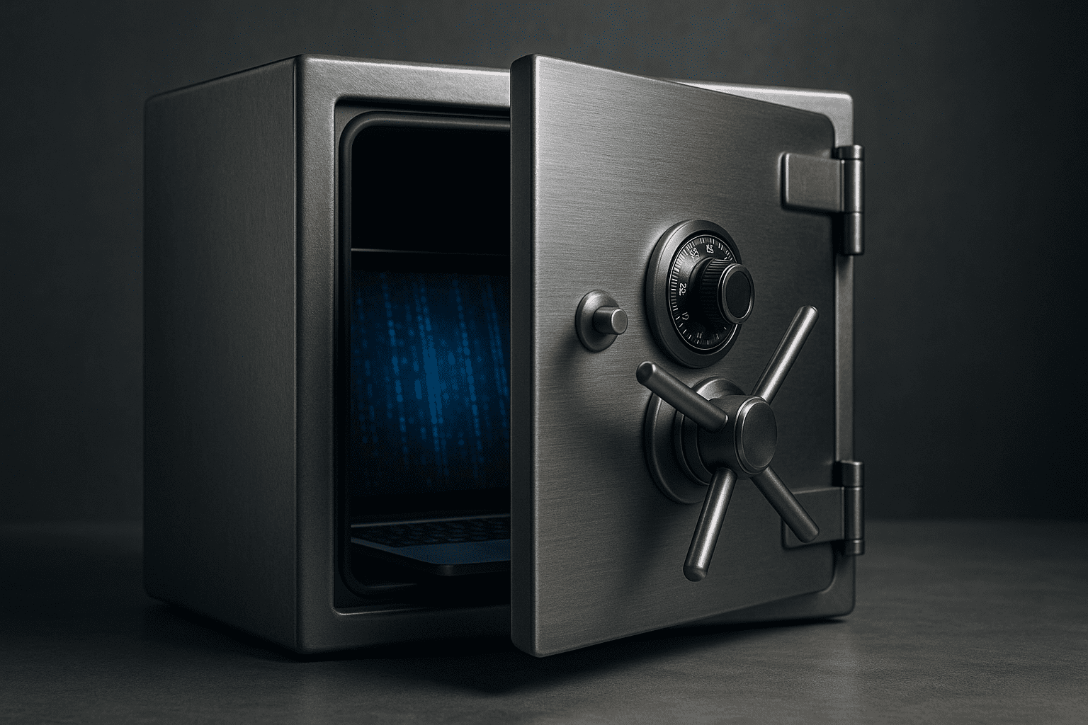 A secure safe with a computer inside, symbolising strong protection for digital accounts.
