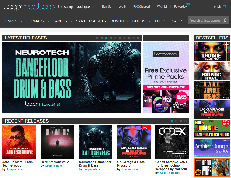 Loopmasters interface showcasing royalty-free vocal packs.