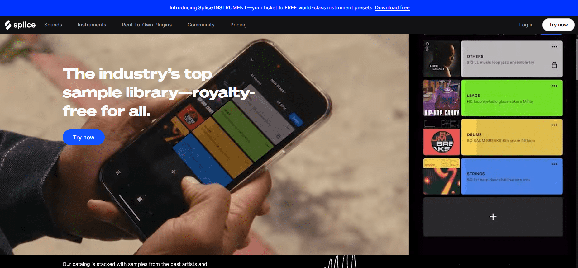Splice sample browser showing vocal and drum packs.